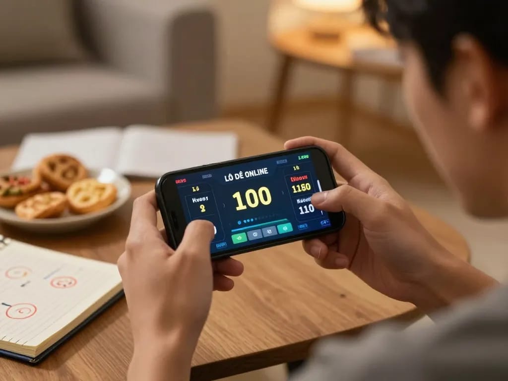 Lô đề online gameplay on smartphone in a cozy home environment with visible strategy notes