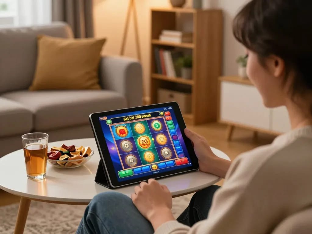 Enjoying a fun session of slot bet 200 perak on a tablet in a cozy home setting.