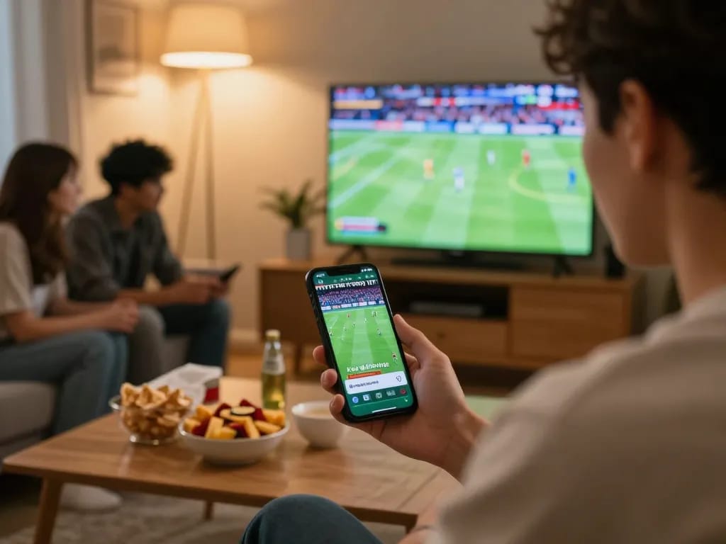 Kết quả bóng đá hôm nay shown on a smartphone as an excited player bets during a live match.