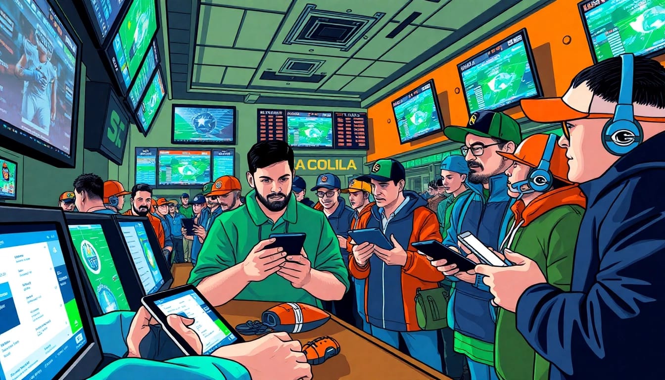Engaged fans participating in South Carolina sports betting at a lively sports bar.