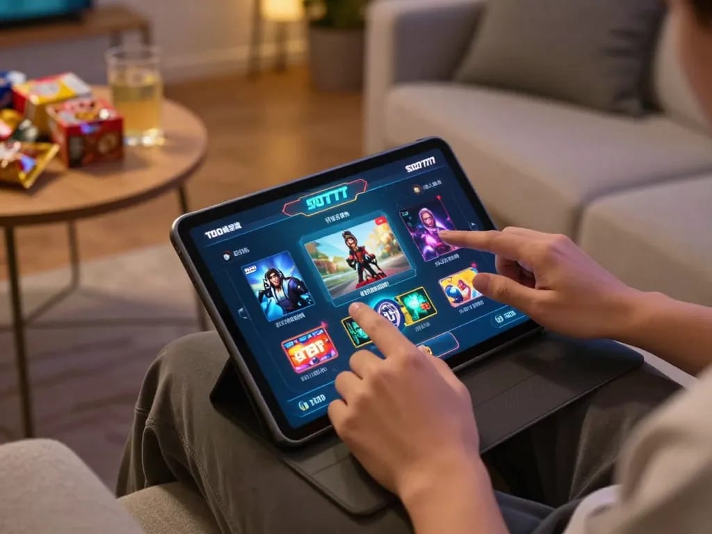 Engaged player spinning reels in slot777 game on a tablet, showcasing an exciting online gambling scene
