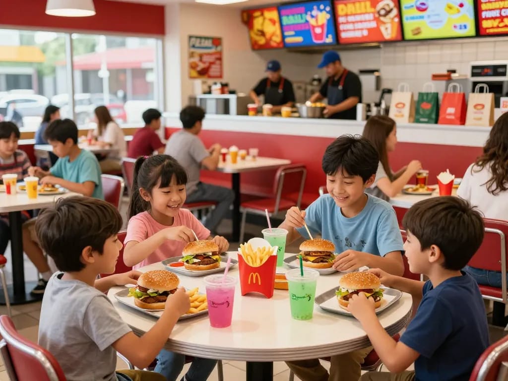 Enjoy a delicious fast food menu with a family at a vibrant restaurant.