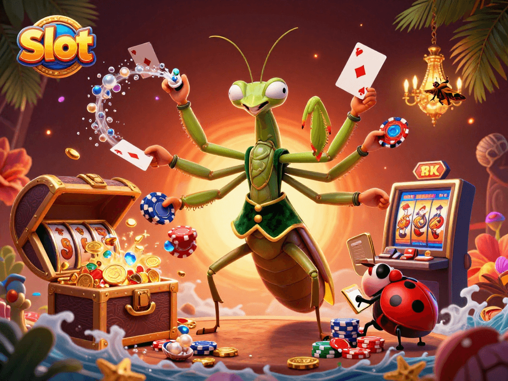 Menang besar di slot dengan karakter mantis dan ladybug yang bermain di kasino digital.