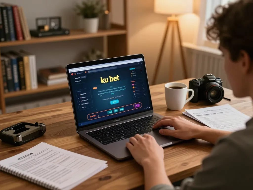 Player enjoying ku bet live dealer game on a laptop with strategy notes nearby.
