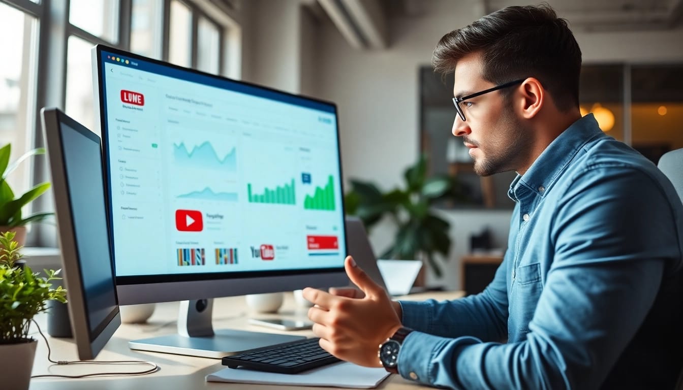 YouTube smm panel analysis in a modern office, showcasing digital marketing strategies.
