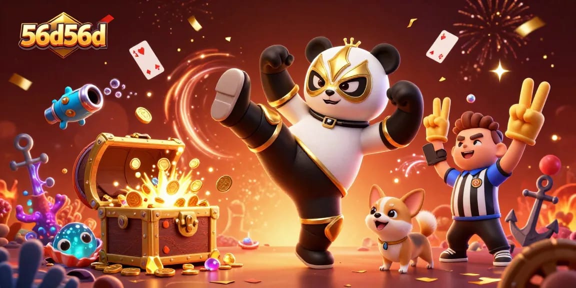 Experimente a emoção do cassino com 56d56d, um panda lutador em ação no cenário de cassino vibrante.