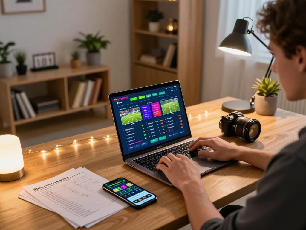 Engaging moment of online sports betting showing siti scommesse stranieri sicuri on laptop with vibrant live odds