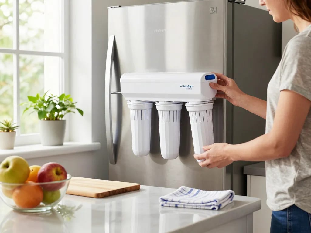 Replacing Waterdrop UKF8001 Refrigerator Water Filter 4 in a modern kitchen, showcasing fresh fruits and natural lighting.