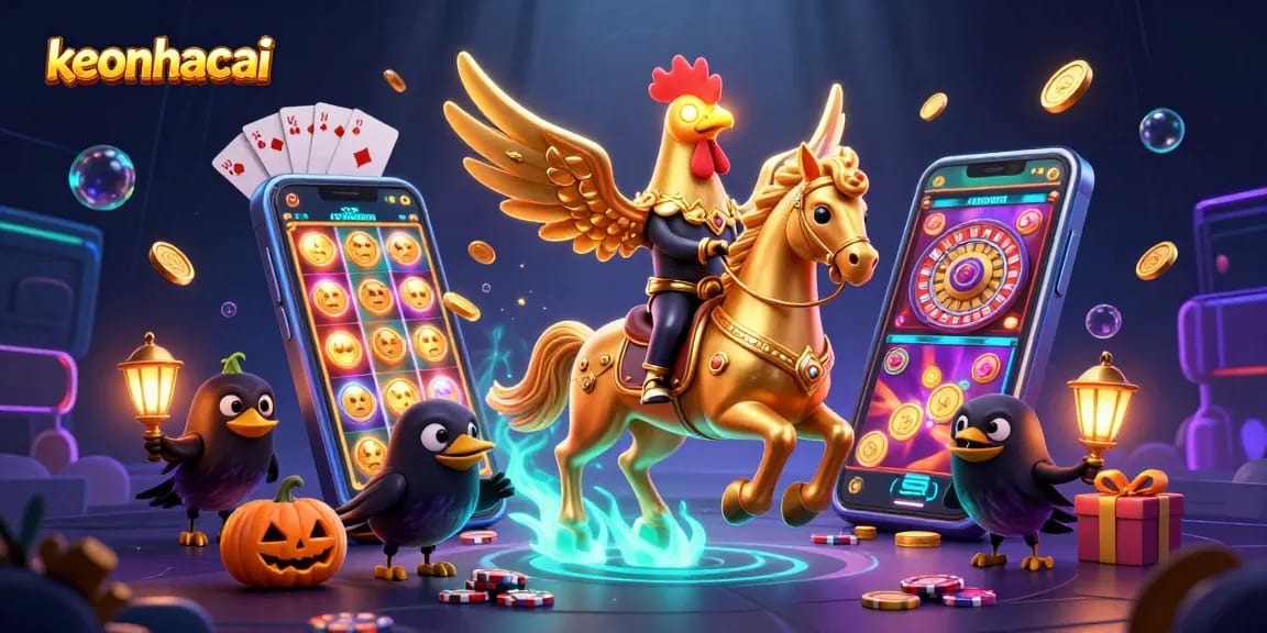 Engage with keonhacai in a vibrant 3D casino scene featuring cartoon characters and dynamic gaming elements.