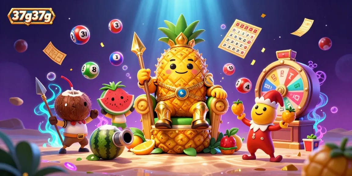 Experience the vibrant world of 37g37g with lively lottery elements and a golden pineapple king at the beach casino.