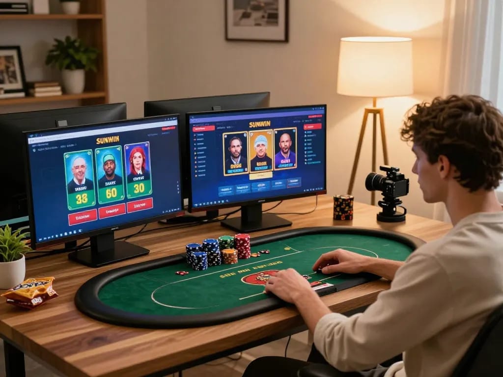 SUNWIN online gaming player analyzing strategies on multiple screens in a cozy setup.