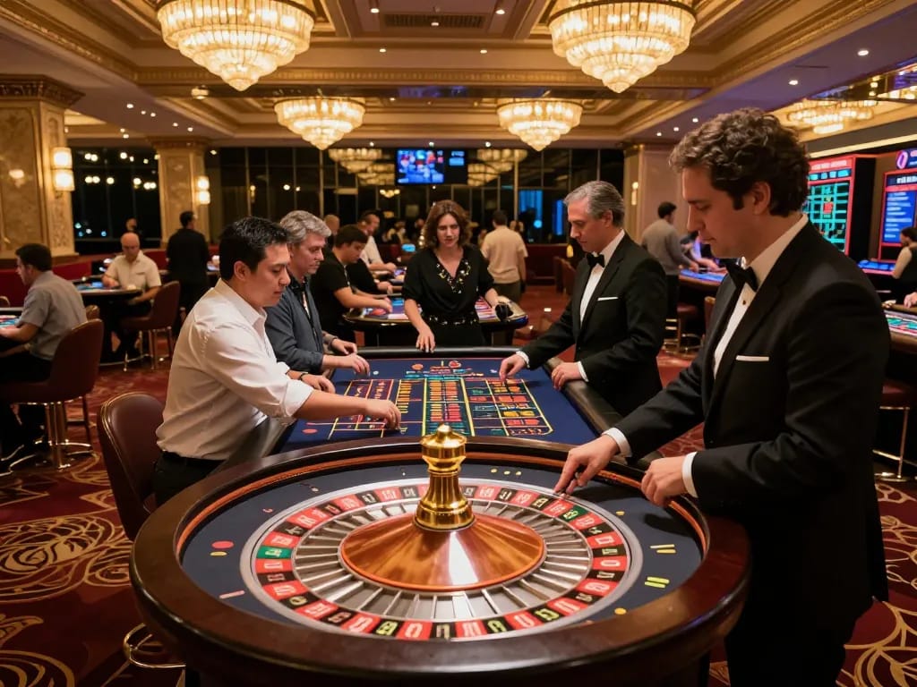 Players on the vibrant casino floor at qh88go engaging in roulette, creating a thrilling atmosphere.