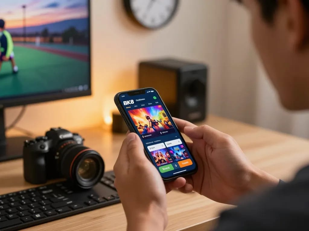 Player engaging in BK8 online casino app on smartphone in a cozy home office setting.