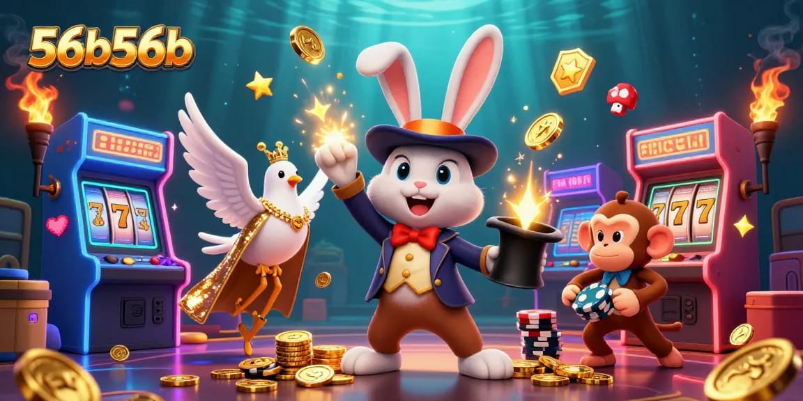 Experience the thrill of 56b56b with a magician rabbit and playful elements in a vibrant casino scene.