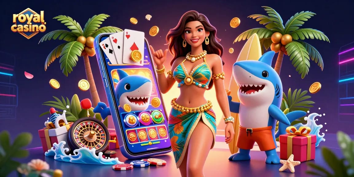 Royal casino vibrant scene with a glamorous woman and surfer shark amidst exciting gambling elements.