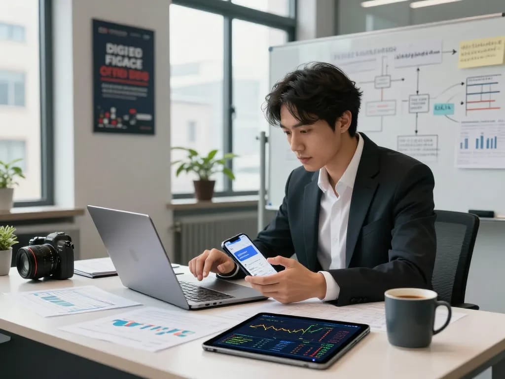 현대 사무실에서 폰테크 앱으로 재무 데이터를 분석하는 전문가