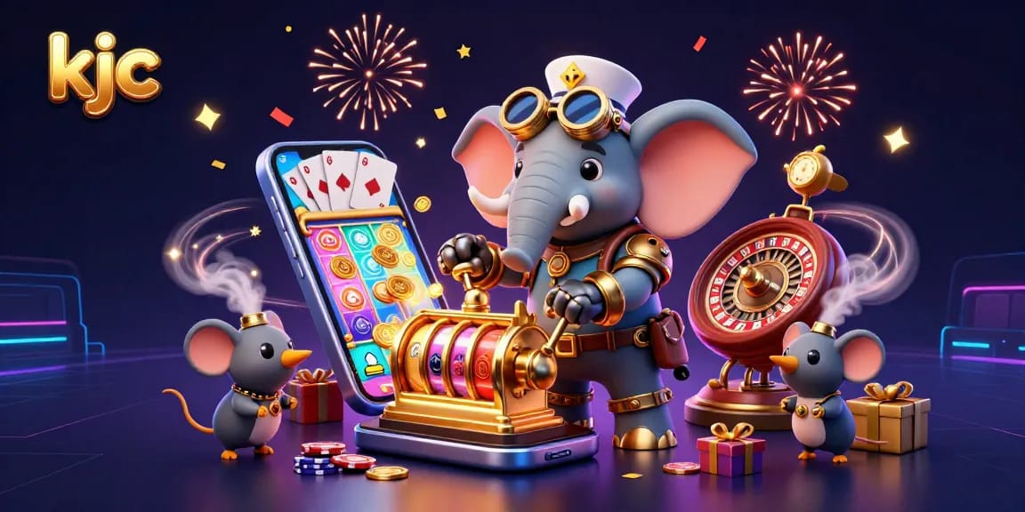 KJC players spin vibrant slot games, winning coins in a rich casino illustration scene.