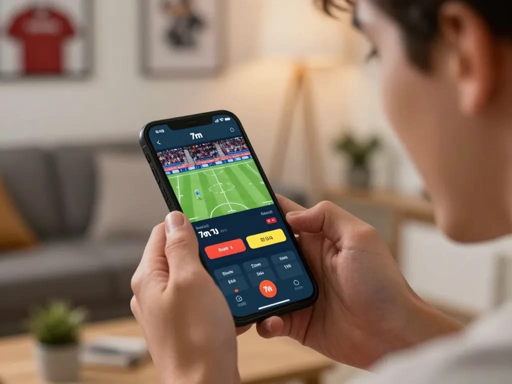 Engaged bettor using the 7m app to wager on live sports events in a cozy home setting.