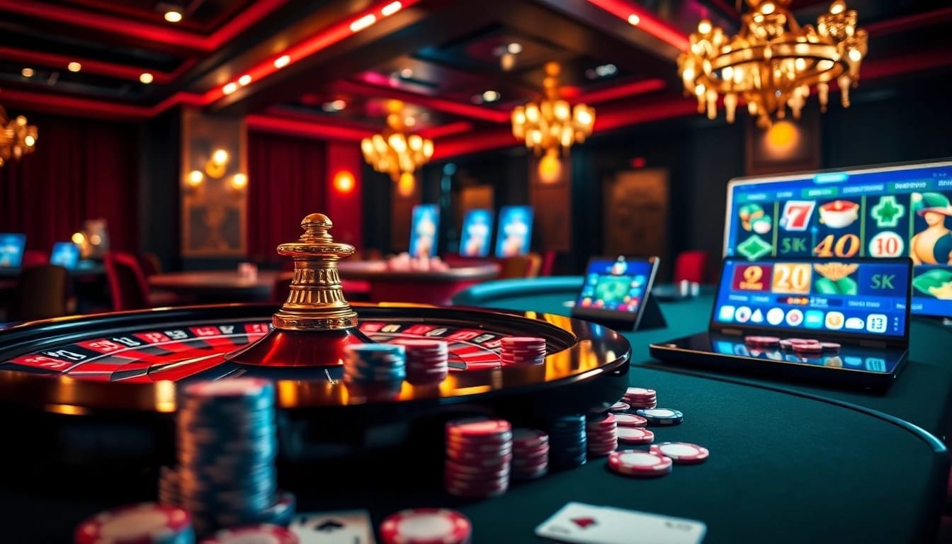 Une scène de casino en ligne France palpitante mettant en vedette une roulette luxueuse et des tables de poker vibrantes, capturant l'excitation des jeux d'argent en ligne.