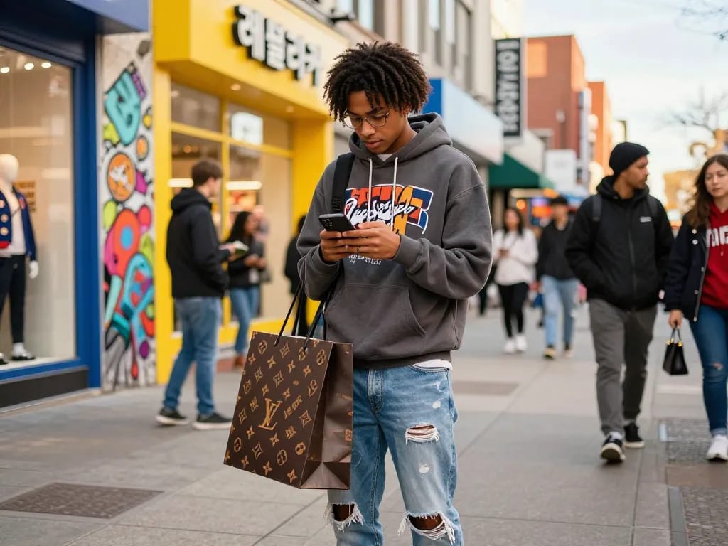 Customer at a 레플리카 쇼핑몰 shopping for stylish fashion items in an urban setting.