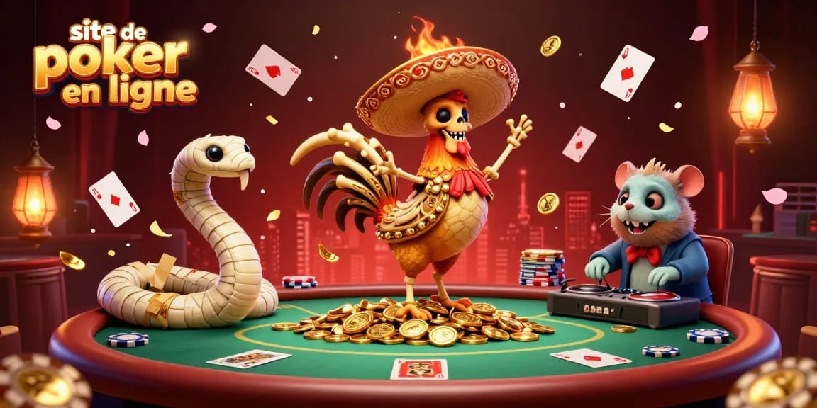 Scène vibrante d'excitation au poker avec un thème de site de poker en ligne mettant en avant des personnages et des éléments dynamiques.