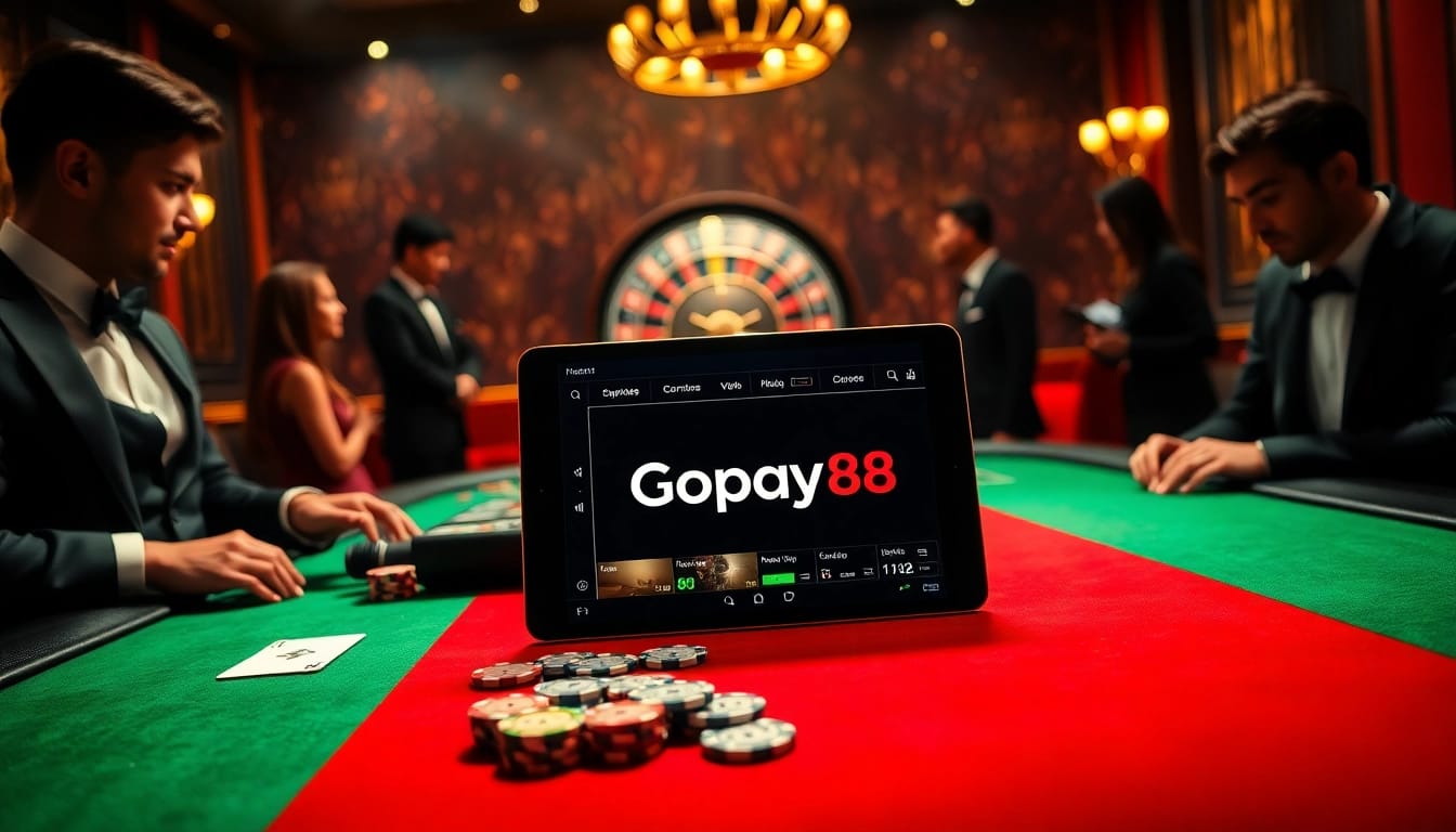 Gopay88 logo featured on a vibrant casino table with poker chips and cards.