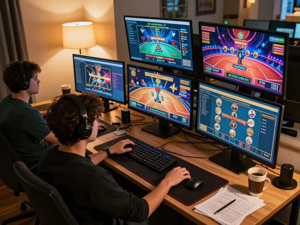 Player engaging with kkwin online casino games at a home office, showcasing a strategic atmosphere