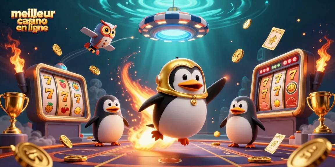 Jouez dans le meilleur casino en ligne avec un pingouin doré et des éléments de machines à sous.