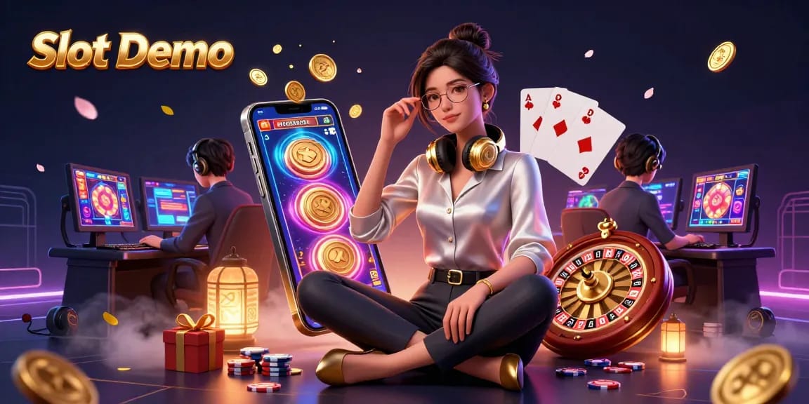 Spin colorful Slot Demo reels in a dynamic, detailed casino scene with elegant characters.