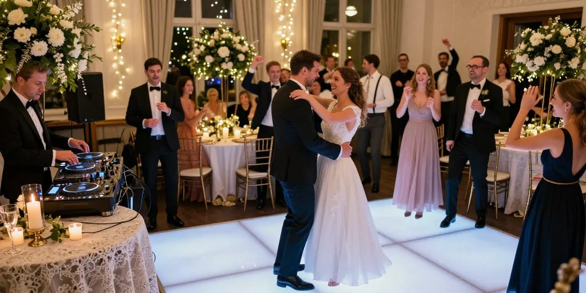 Hochzeit DJ Berlin sorgt für unvergessliche Feier mit tanzenden Gästen und romantischem Ambiente.