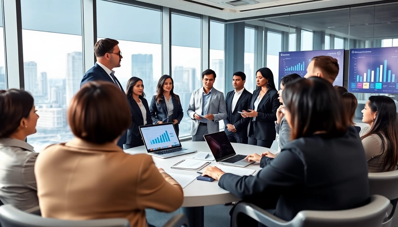 Crisis management consultant facilitating strategic discussions among a diverse team in a modern office.