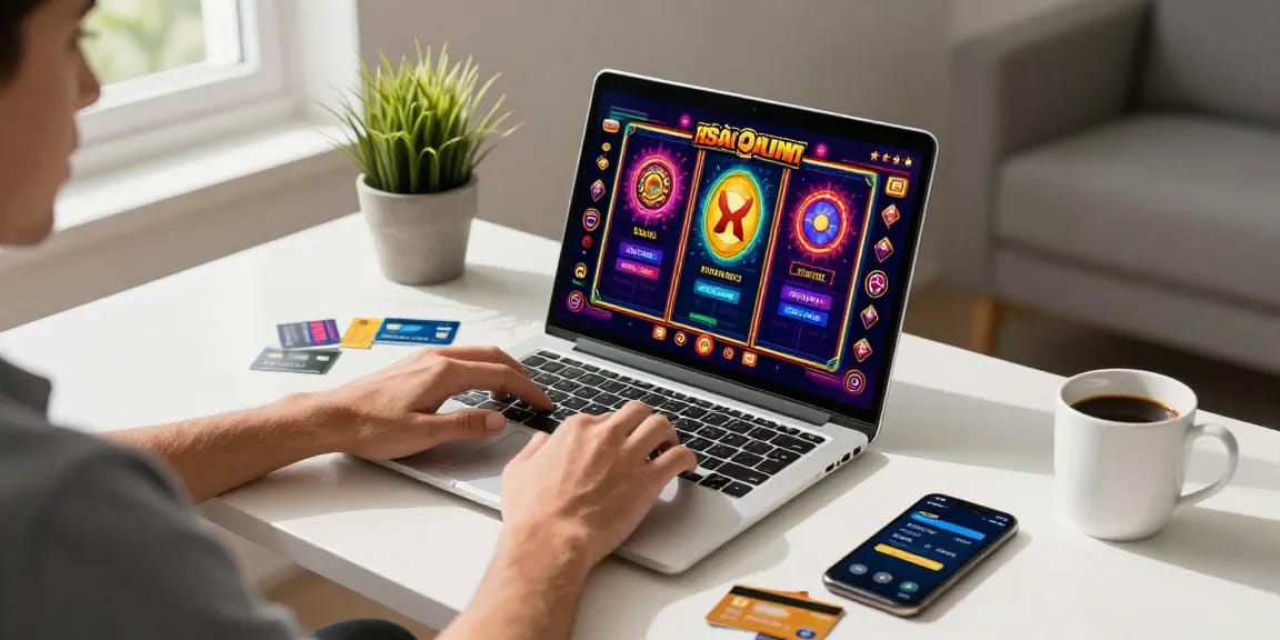 Player at home enjoying online gaming at spinysoft.co.uk with credit cards on desk