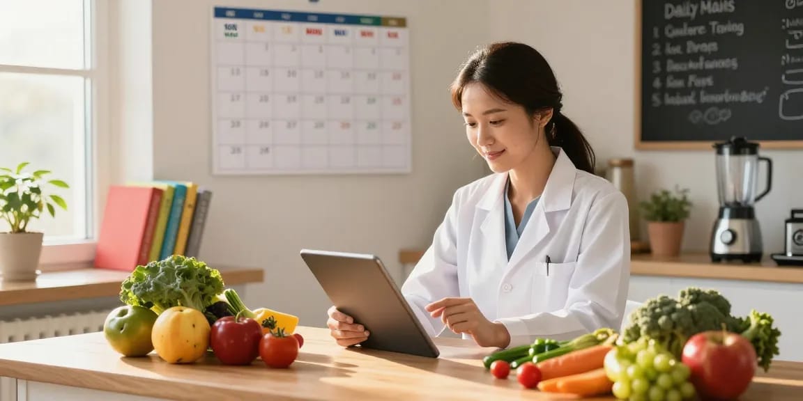 Nutritionist reviewing the best food tracker options with fresh ingredients in a sunny kitchen.