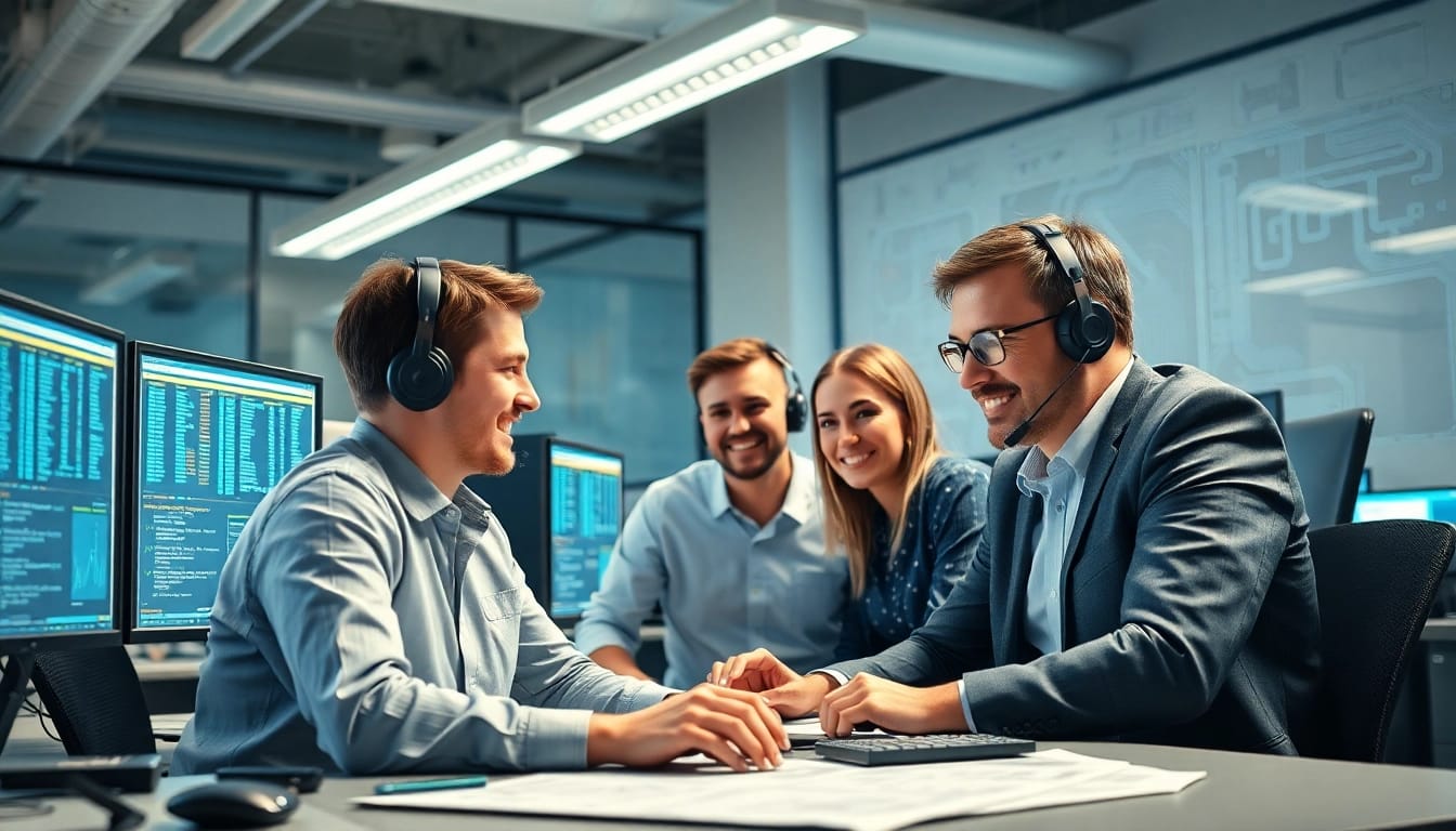 Find top managed IT services near me in a collaborative office with tech displays.