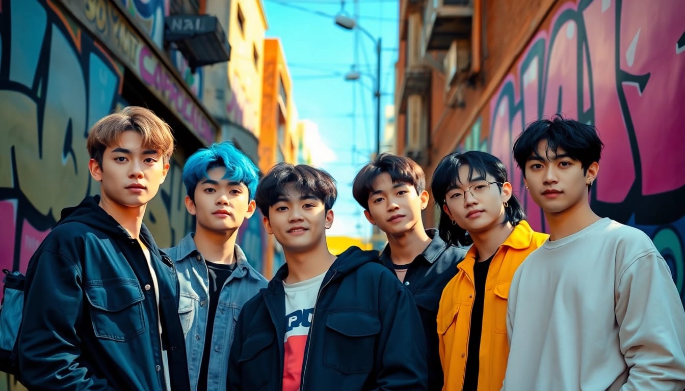 Dynamic portrayal of BTS members displaying their unique styles and personalities.