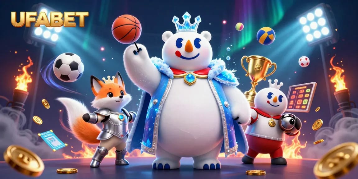 UFABET online betting scene with 3D cartoon polar bear and sports elements flying around.