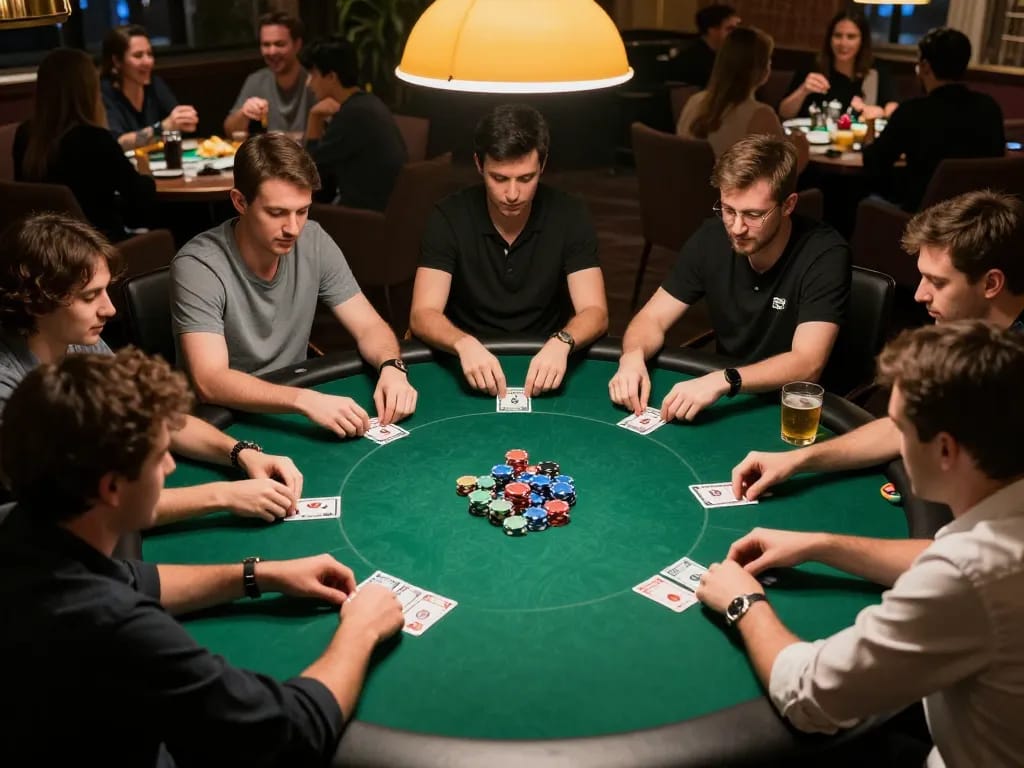 Players engaged in a live poker game session at AMBKING with m104 chips and drinks.