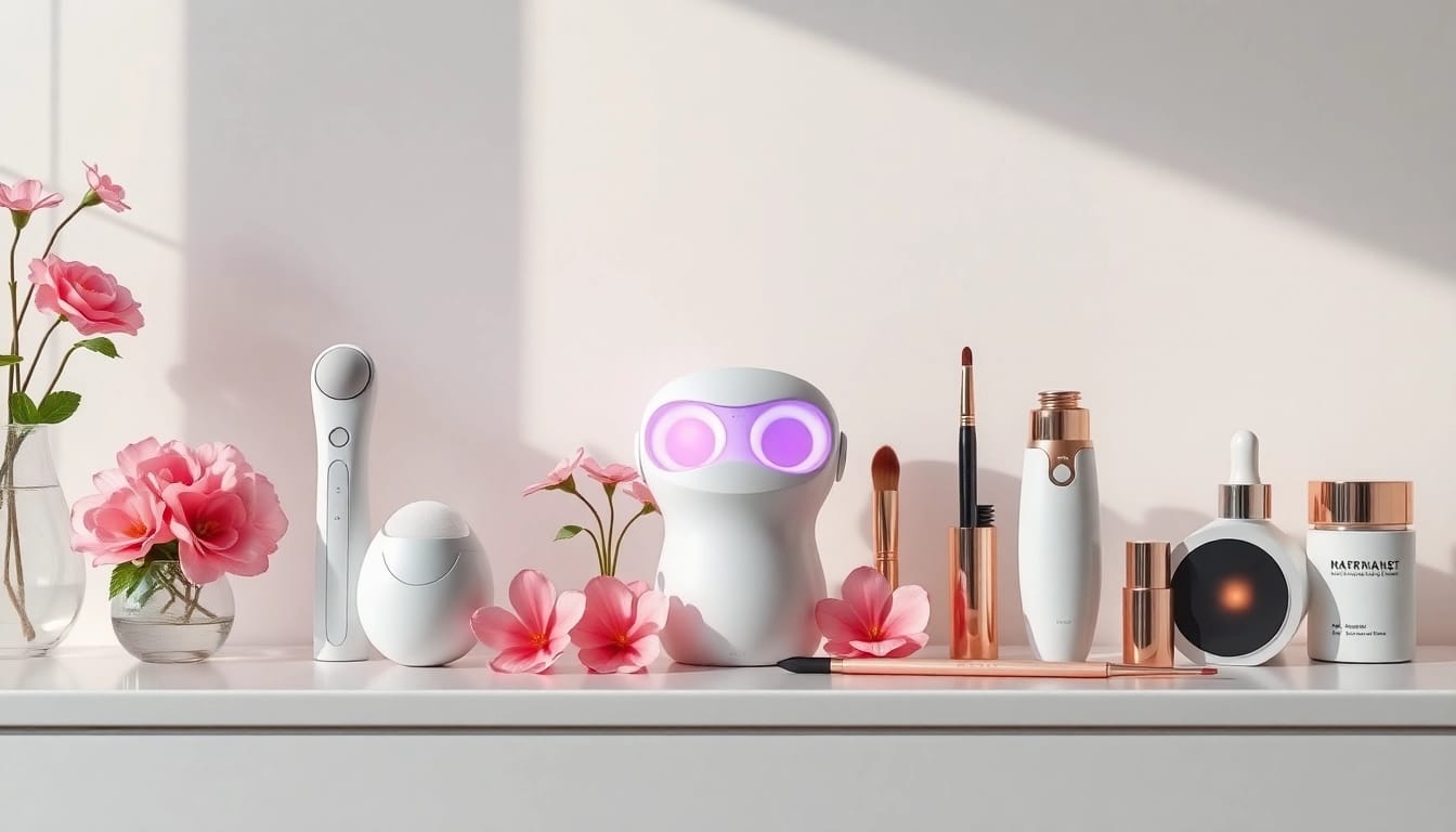 Showcase of the best beauty tools, including LED masks and cleansing brushes, in a luxurious setting.