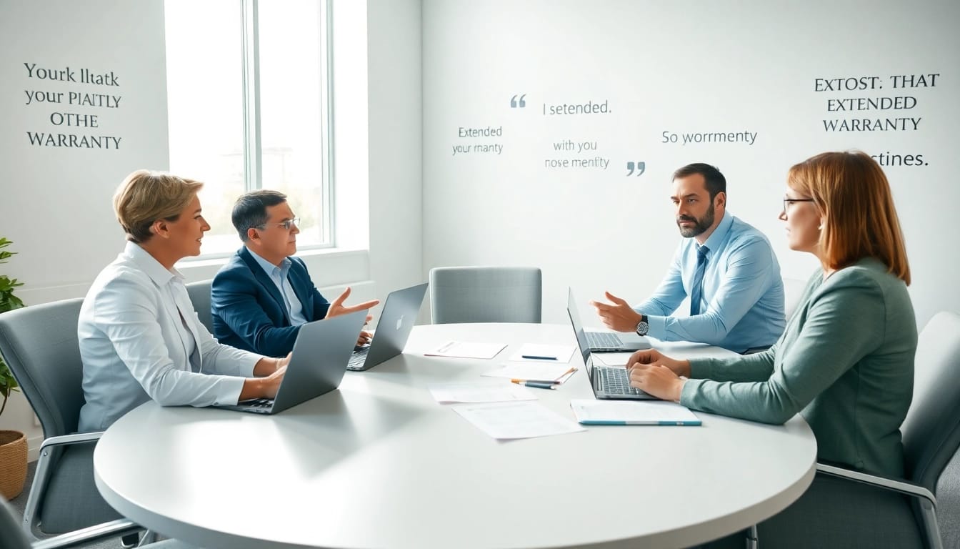 Discussing strategies for an extended warranty company in a professional meeting room.