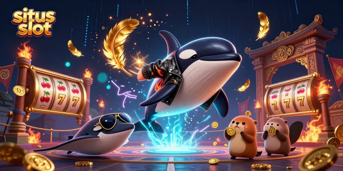 Experience excitement with situs slot as characters celebrate winning with golden coins in a dynamic casino scene.