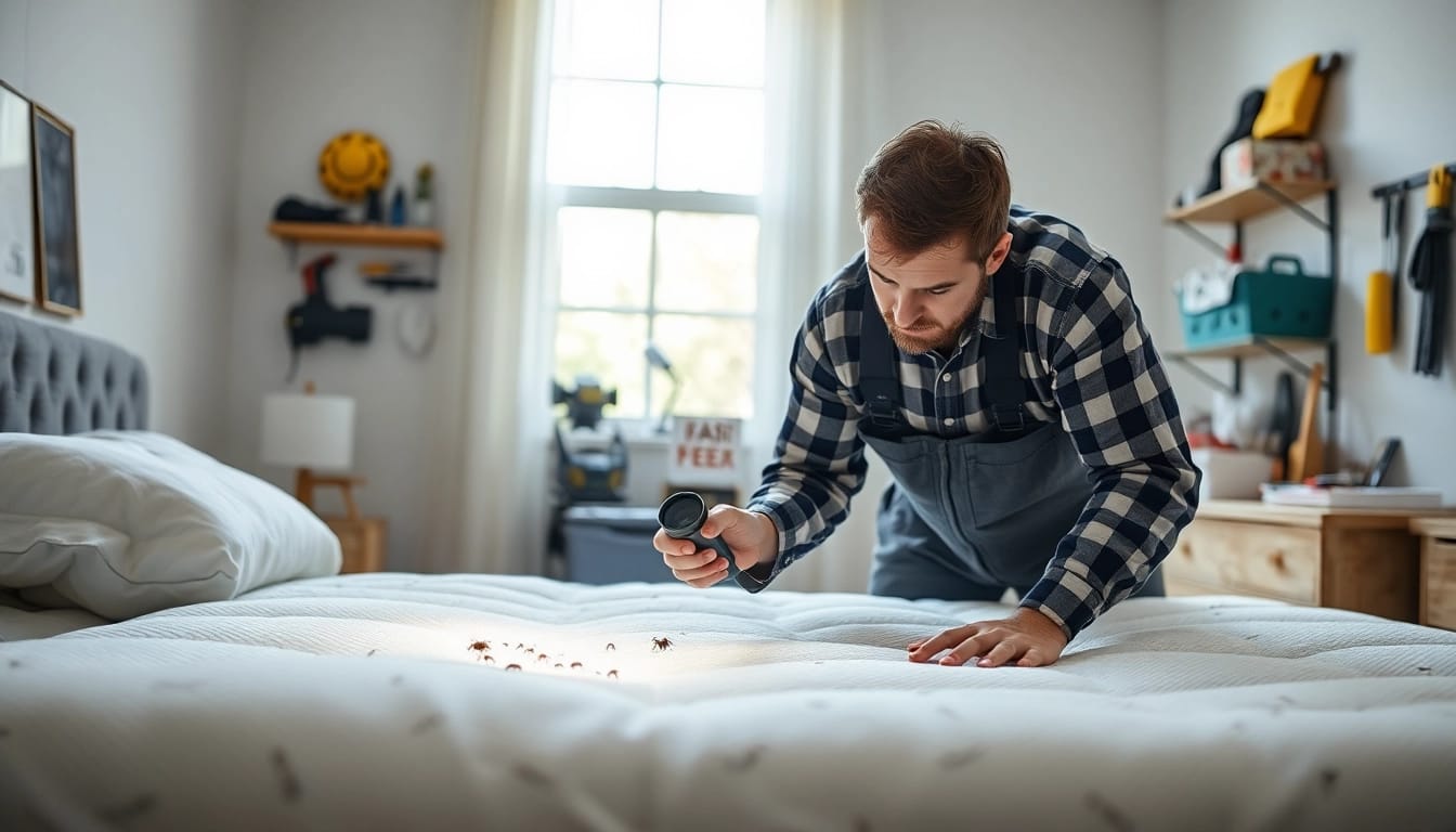 milwaukee bed bug exterminators inspect a mattress for pests with professional tools.
