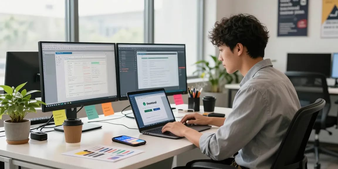 WPS Download interface displayed on a laptop in a modern office workspace.