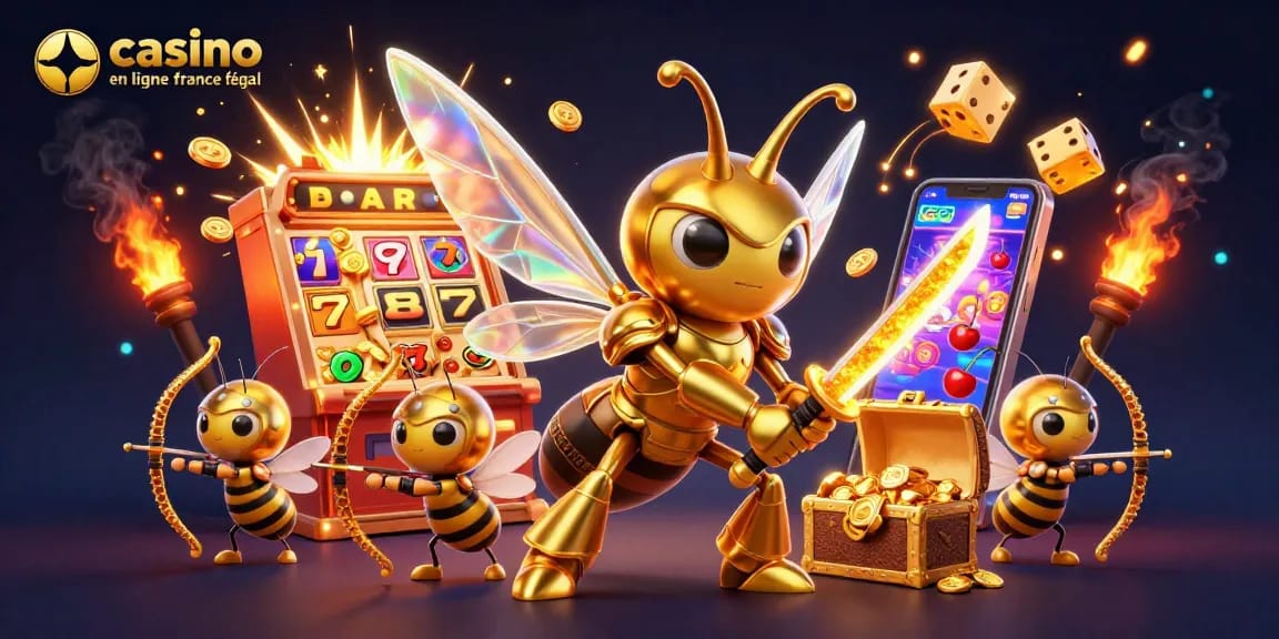 Visualisez le casino en ligne France légal avec une scène dynamique de personnages de casino et machines à sous éclatantes.