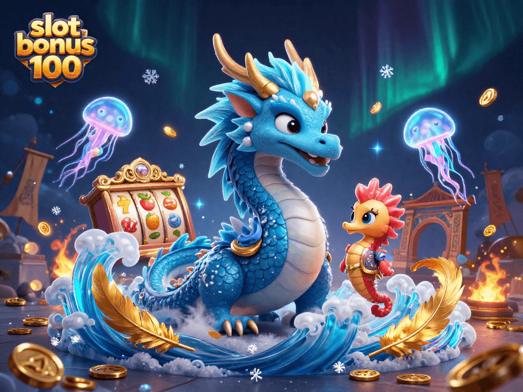 Engage with slot bonus 100 featuring an ocean-themed dragon and seahorse in a vibrant casino scene.