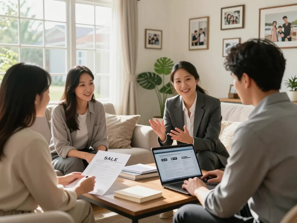 We buy houses in a friendly suburban setting, showing agents and homeowners discussing property details.