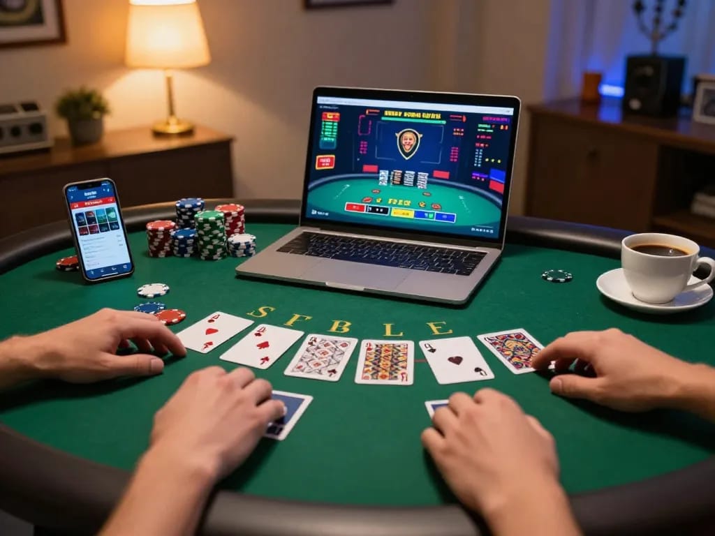 Kubet3933 live dealer blackjack game displayed on a laptop with enthusiastic hand gestures at home.
