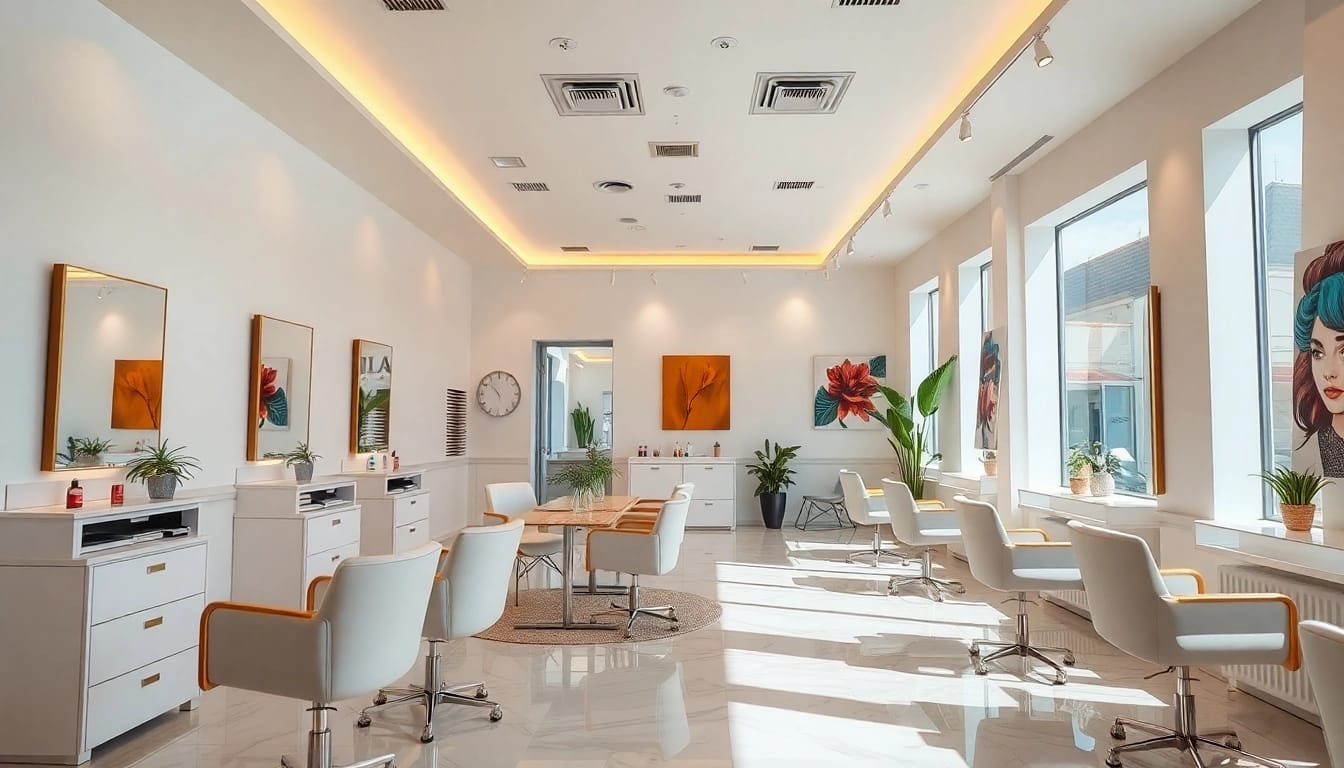 Renovated salon Craiova ambiance featuring sleek furniture and vibrant decorations.