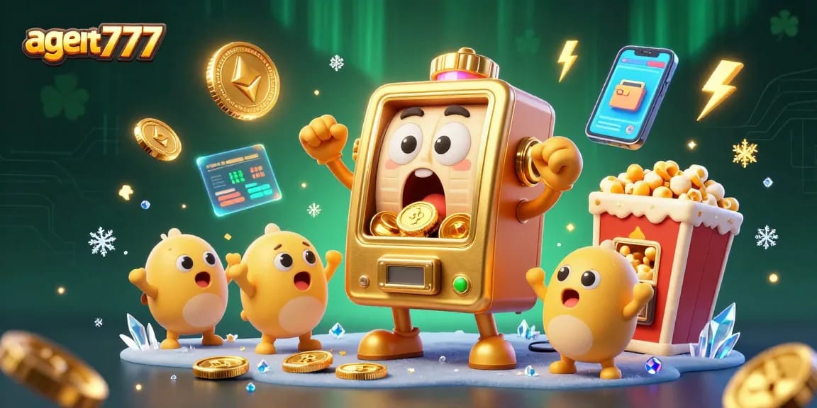 Engage with agen slot777 as a golden slot machine hits a jackpot, surrounded by cheering baby machines and crypto elements.