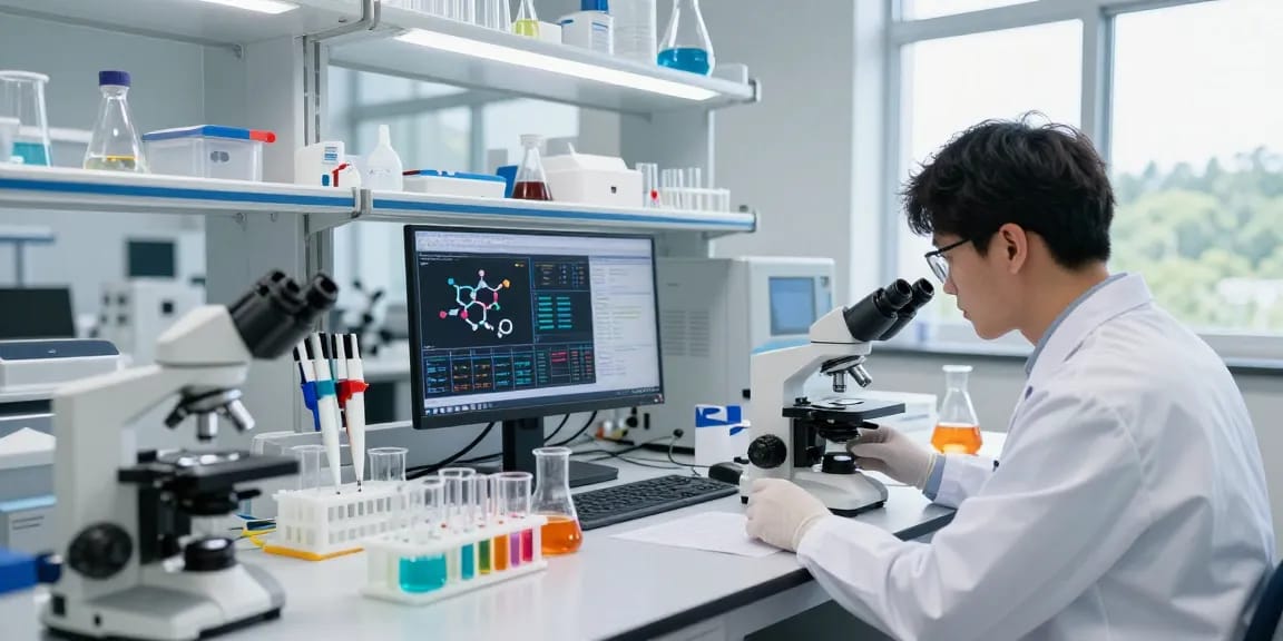 SwissChems Peptides research laboratory scene with scientist conducting experiments and colorful solutions