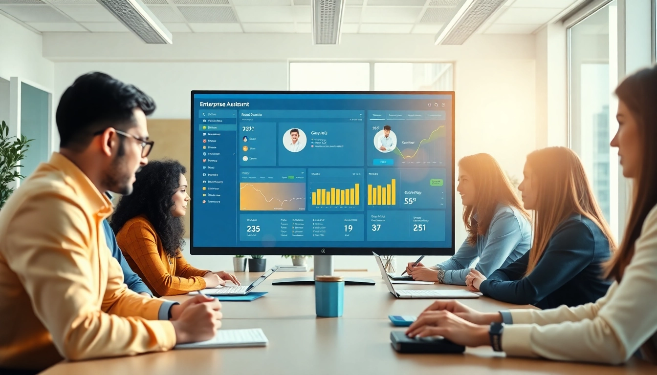 Team collaborating using enterprise assistant software, showcasing productivity and teamwork in a modern office.